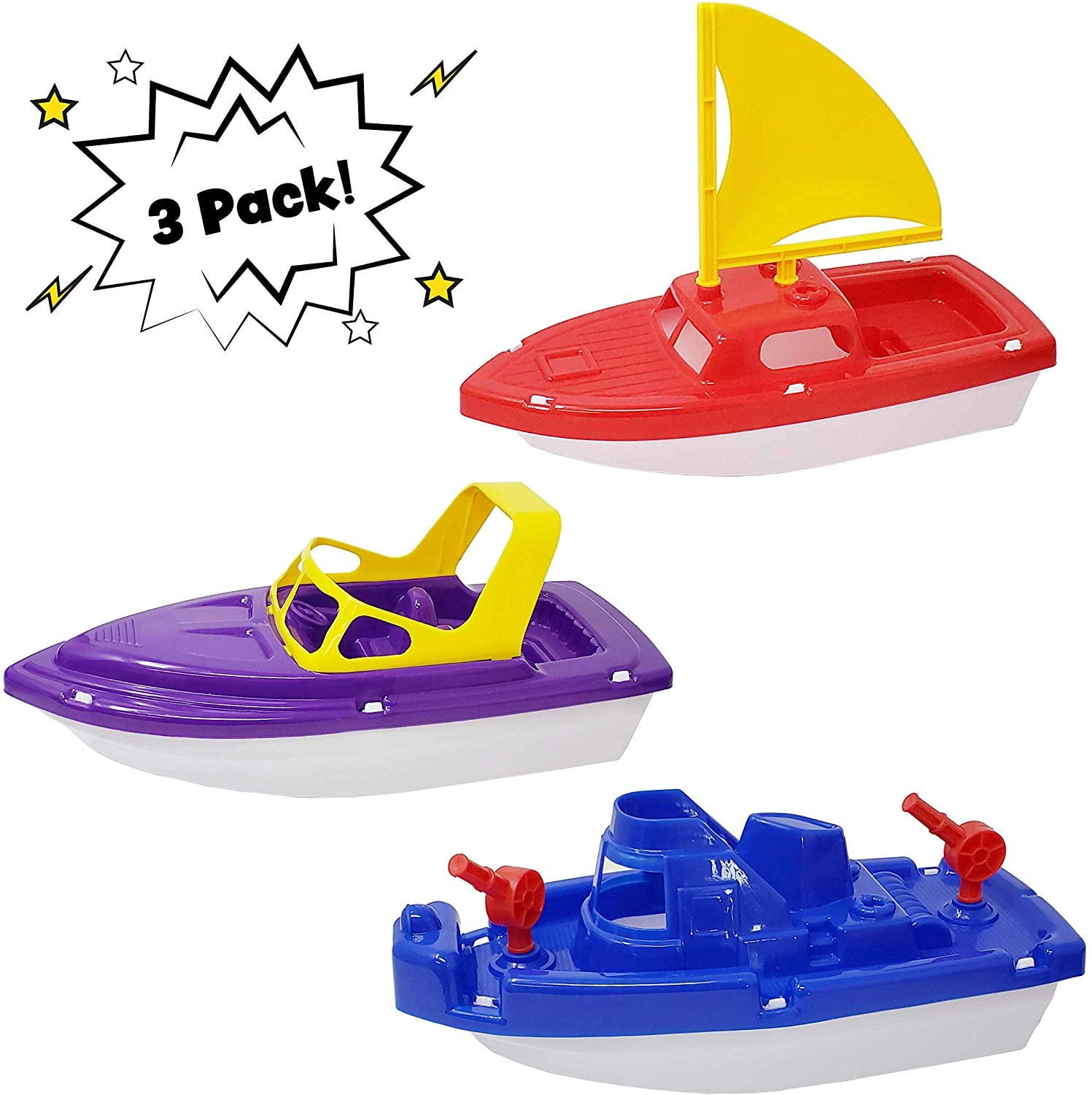 3 Piece Toy Boat Set for Pools, Beaches, Bath, and More! One Sailboat