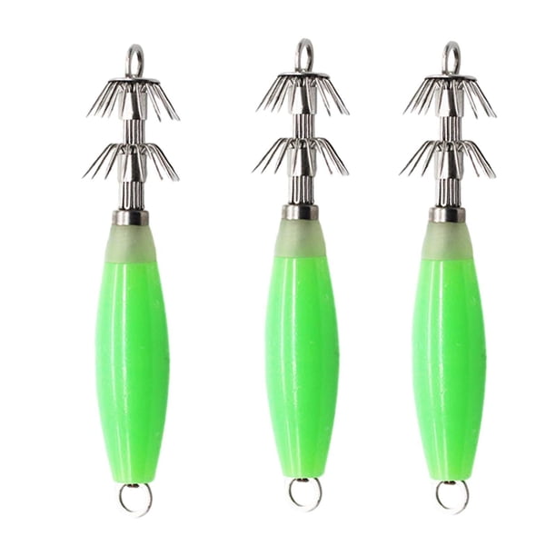 3 anzuelos luminosos para calamar, herramienta de pesca, anzuelo metálico, señuelos de pesca, señuelos de calamar Verde