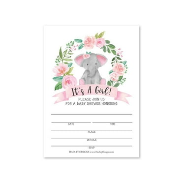 Elephant Safari Baby Shower Invitations - Adorable Sprinkle Invite for Girls, Coed Gender Reveal, Cute Jungle Theme, DIY Fill or Write In Blank Printable Cards, Blush Garden Party Decor