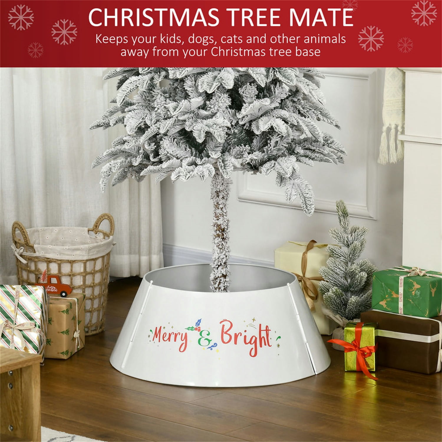Hommoo Decorations,Christmas Tree Collar, Steel Tree Ring Skirt, Home Xmas Decoration for Christmas Tree, 26" x 26" x 11", Cream White