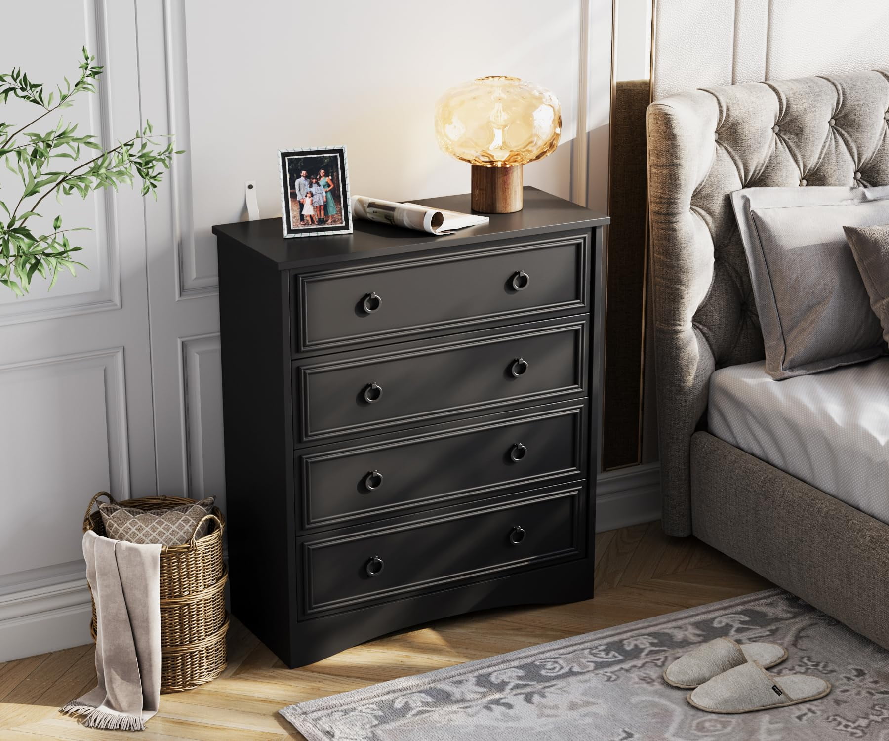 Black 4 Drawer Dresser for Bedroom, Vertical Chest Of Drawers Wood Storage Cabinet for Living Room