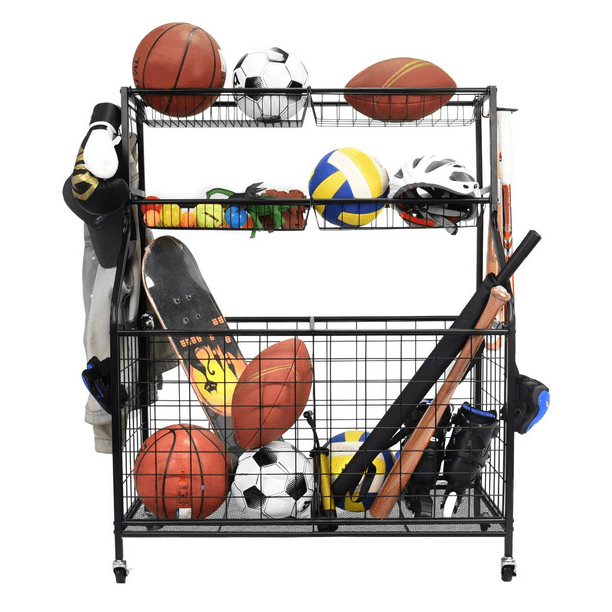Gohyo Garage Sports Equipment Organizer, Ball Storage Rack, Garage Ball Storage, Sports Gear Storage, Garage Organizer with Baskets and Hooks, Rolling Sports Ball Storage Cart, Black, Steel