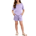 thumbnail image 2 of RKSTN Pyjama Fille Satin Col Rond Manches Courtes Haut de Pyjama avec Short Été Ensemble Deux Pièces (Violet, 13-14 Ans) Unisexe, 2 of 5