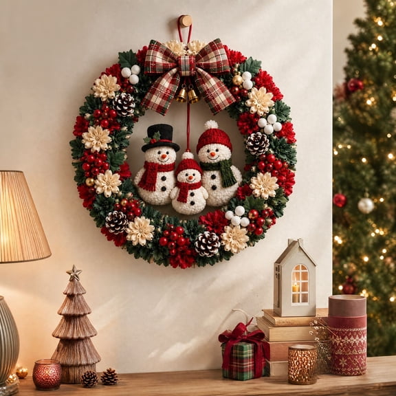 11.81in Christmas Snowman Fabric Poke Wreath DIY Kit,Handmade Wreath Set for Indoor Wall & Door Xmas Deco