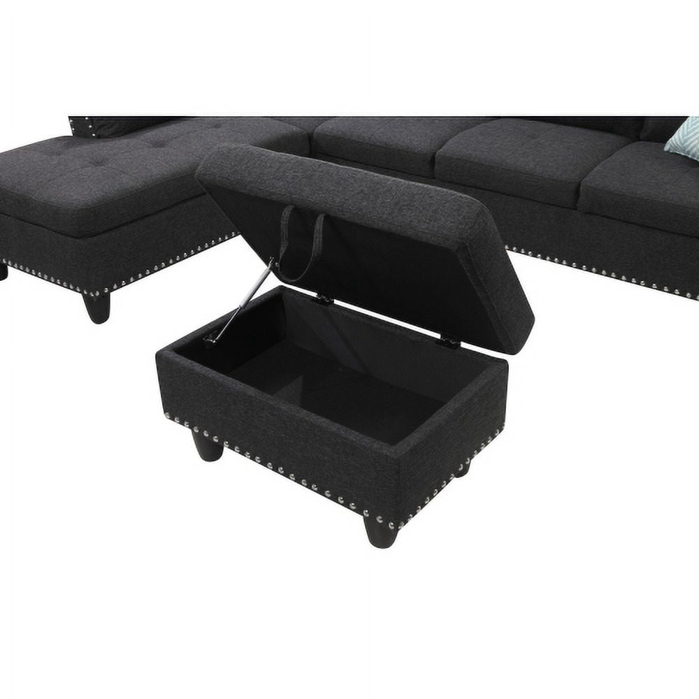BSHTI Charcoal Gray Linen L-Shaped Sectional Sofa with Reversible Storage Chaise for Living Room, Storage Ottoman & Cup Holders, 3-Seat Contemporary Couch