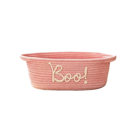 SUYOLL Halloween Woven Storage Basket with Boo Letter Print, Oval Basket with Handles, Trick or Treat Candy Bowl for Halloween Party Tabletop Home Decoration