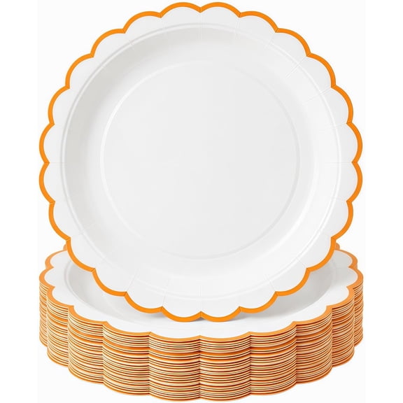 30 Pack Orange and White Paper Plates 7 Inch, Disposable Scalloped Dinner Cake Dessert Plate for Baby Shower Bridal Wedding Birthday Party Supplies (Orange)