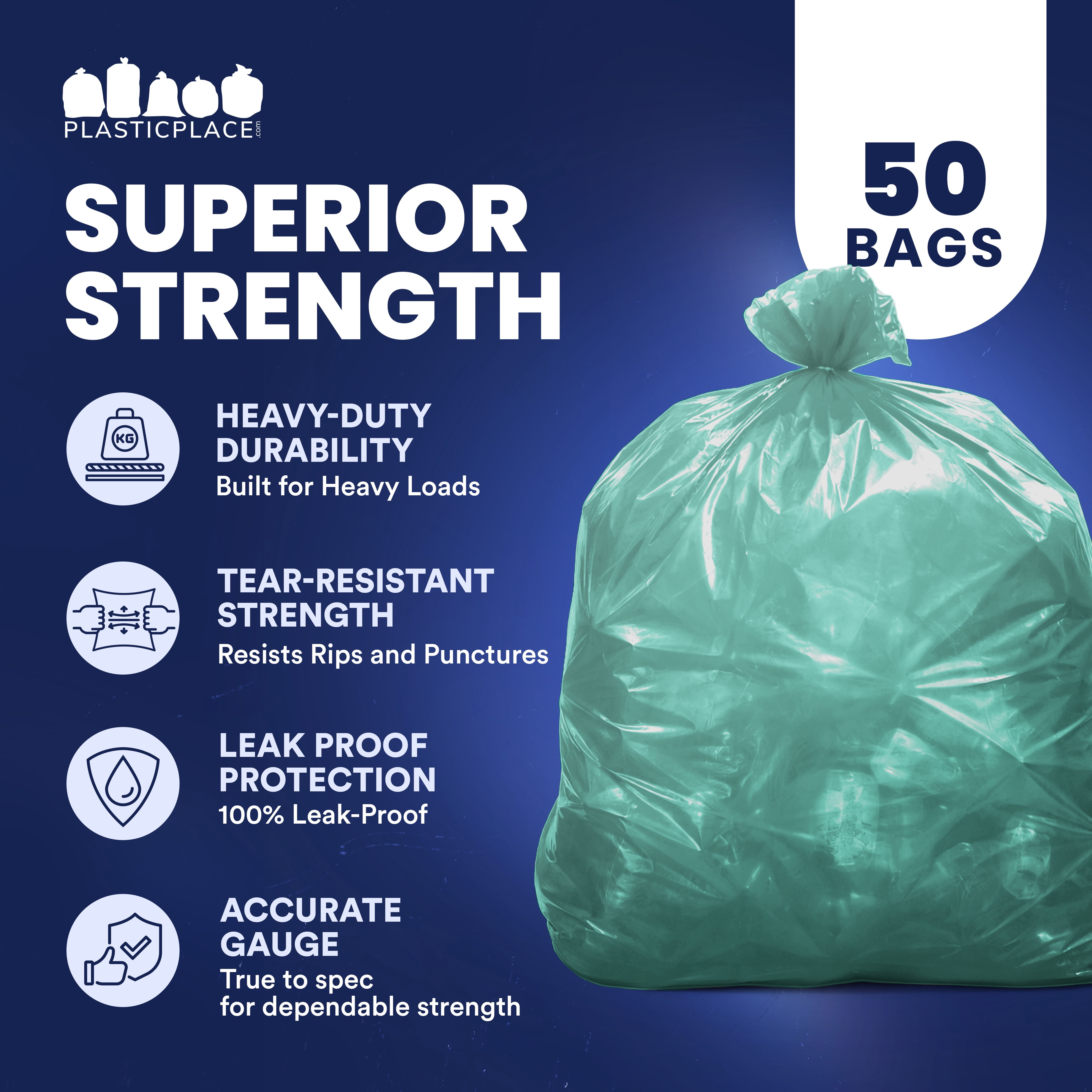 Plasticplace 55-60 Gallon Trash Bags │ 1.2 Mil │ Green Heavy Duty Garbage Can Liners │ 38” x 58” (50 Count)