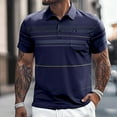 thumbnail image 2 of Polo T Shirts for Men Striped Button Collared Short Sleeved Top with Pocket Casual Loose Comfortable Trendy Business Dress Shirts for Men, 2 of 5