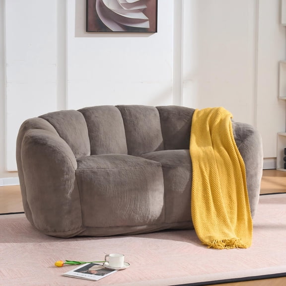 Oversized Floor Sofa for Adults, 60 Inch Bean Bag Loveseat with Fluffy Faux Fur, Ultra Soft Cozy Reading Chair with Filler, Brown