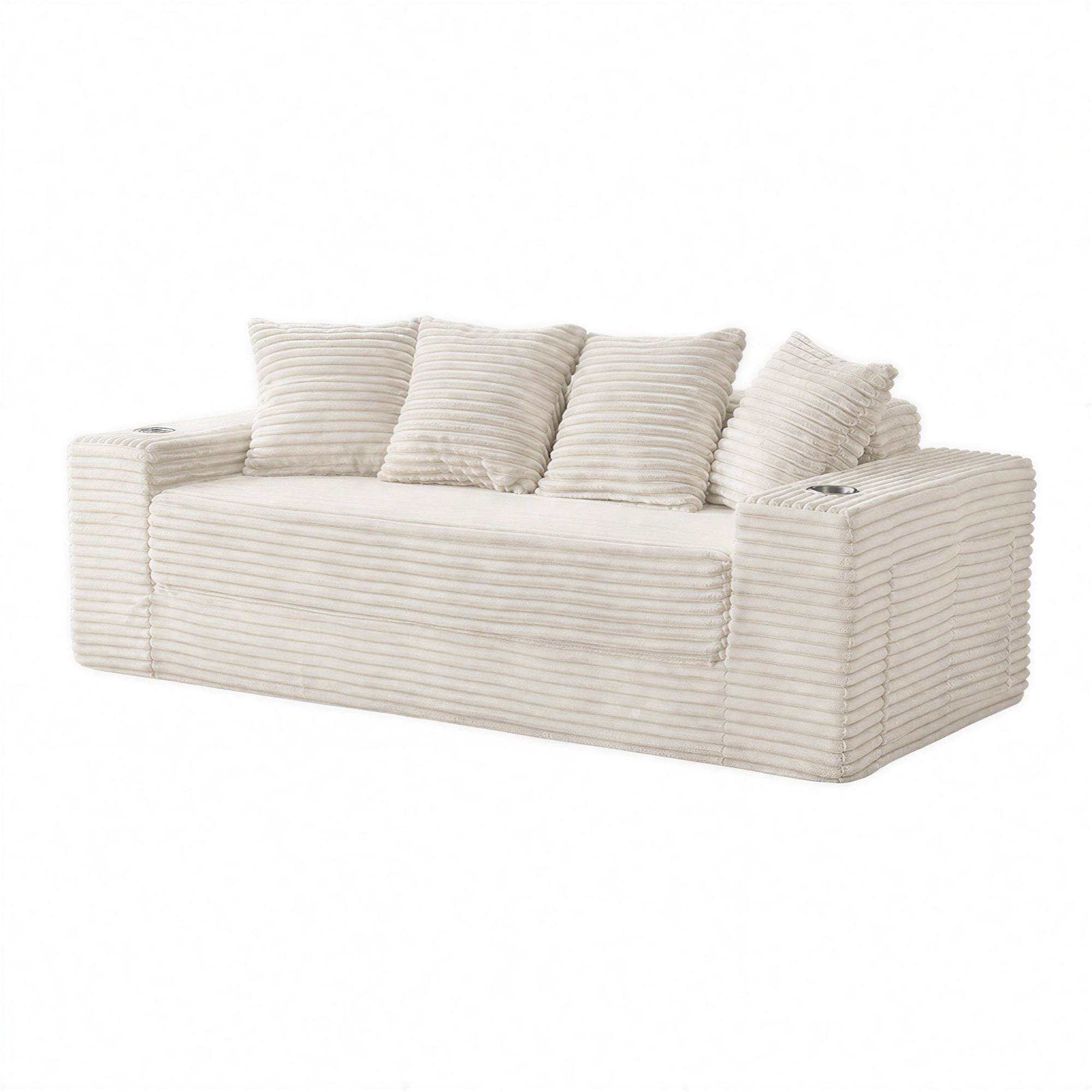 GARITIN Frameless Teddy Couch Bed 77 Inch, Boneless Corduroy Convertible Sofa with Cup Holders and Side Storage for Living Room, Cream