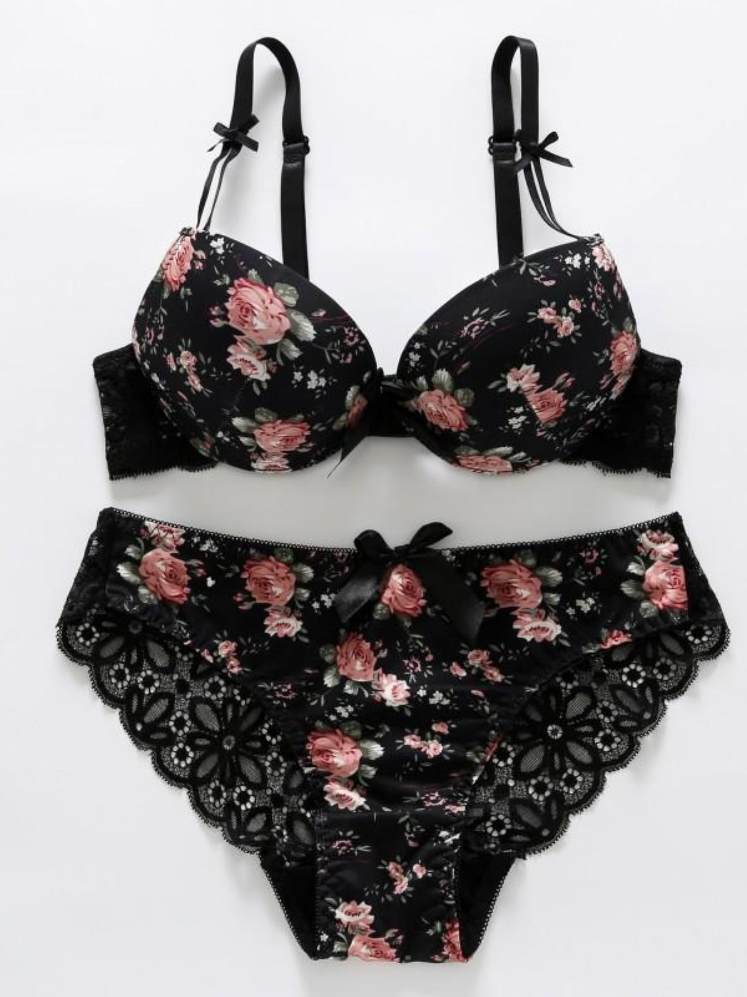 Ochine Women Lingerie Set Soft Comfy Sexy Push Up Padded Underwire Floral  Print Satin Embroidery Bowknot Lacy Bra, Size 34-38 B/C, 3/4 Cup + Briefs  Panties, One Size, 2 Pcs 