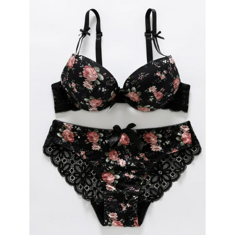 Ochine Women Lingerie Set Soft Comfy Sexy Push Up Padded Underwire Floral  Print Satin Embroidery Bowknot Lacy Bra, Size 34-38 B/C, 3/4 Cup + Briefs