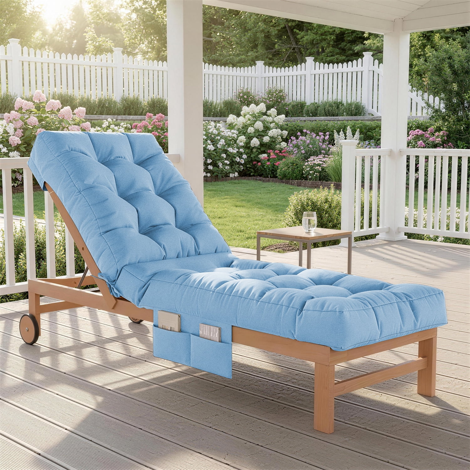 BaPiPro Sky Blue Outdoor Chaise Lounge Cushion with Side Pocket, Triple Non-Slip Fixation, All-Weather Durable & Soft Fabric, Thickened Padding, Ideal for Patio and Poolside Use