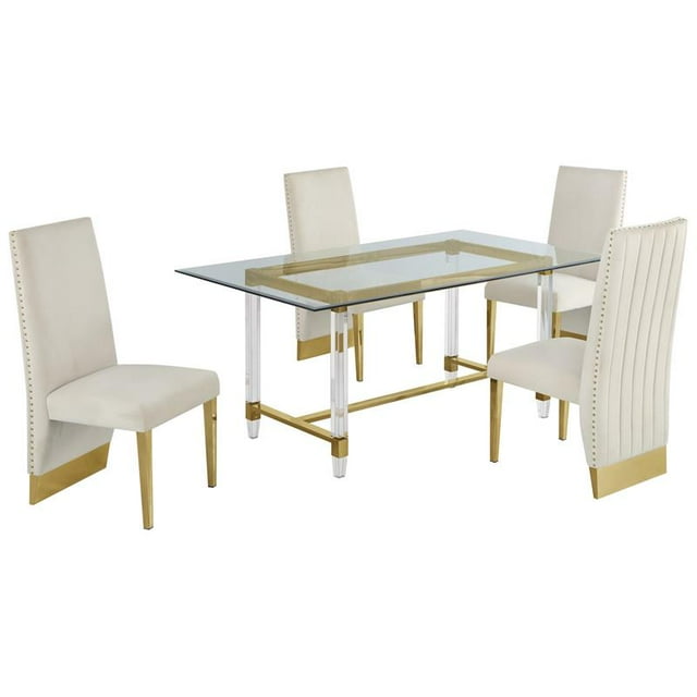 5pc. Set de Salle à Manger en Verre de 68 x 40 Po avec 4 Chaises et Acier Inoxydable Doré