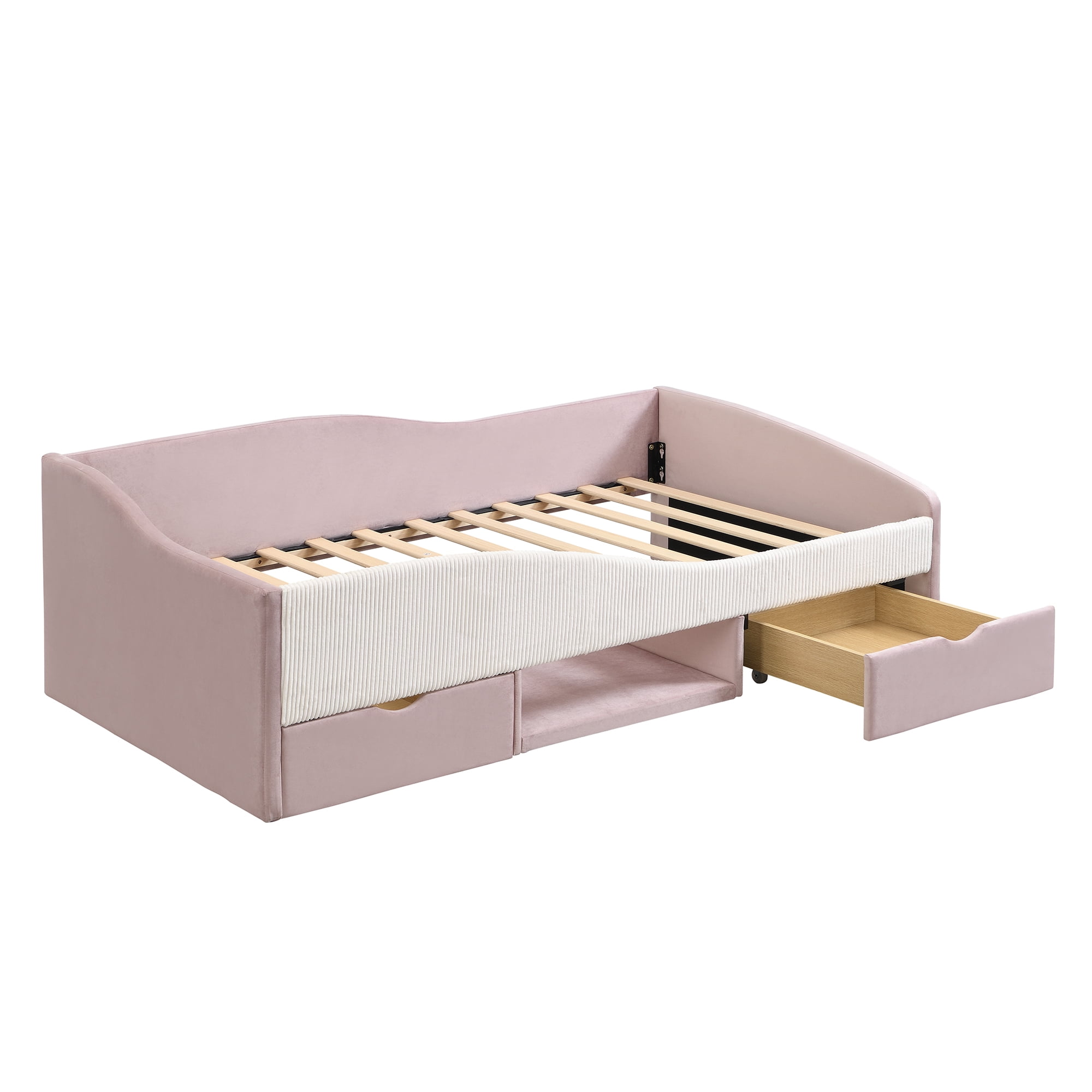 Aukfa Twin Size Upholstered Daybed with 2 Storage Drawers, Shelf and Curved Guardrails, Velvet Bed Frame, Pink