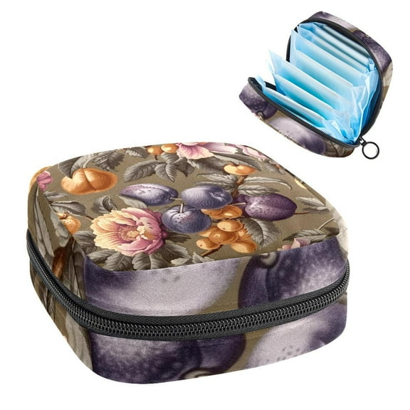 Sanitary Napkin Storage Bag for Girls Women, Portable First Period Pads Bag Tampons Holder Girls Travel Makeup Bag, Large Capacity Antique Leaves Fruit Peony Peach with Flowers