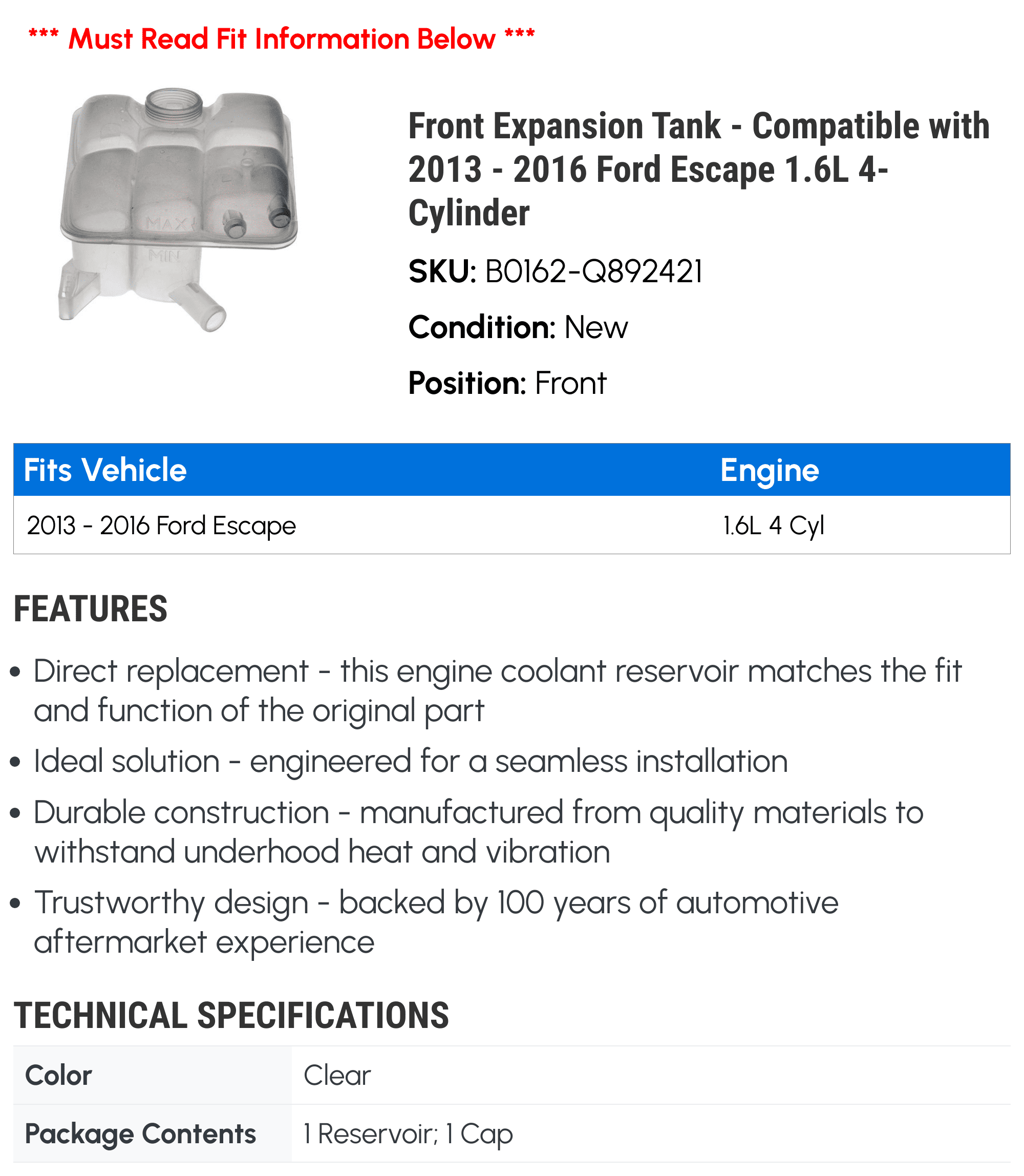 Front Expansion Tank - Compatible with 2013 - 2016 Ford Escape 1.6L 4-Cylinder - Dorman