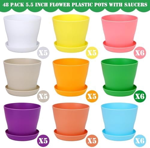 48 Pack Plastic Planters 5.5 Inch Flower Plant Pots Indoor Set Thickened Seedling Nursery Pots Seed Starting Pots with Drainage Holes Saucers Mini Garden Tool for Home Office Garden, Multicolor