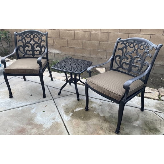 3 piece patio bistro set outdoor Elisabeth end table 2 Falmingo dining chairs with cushions.