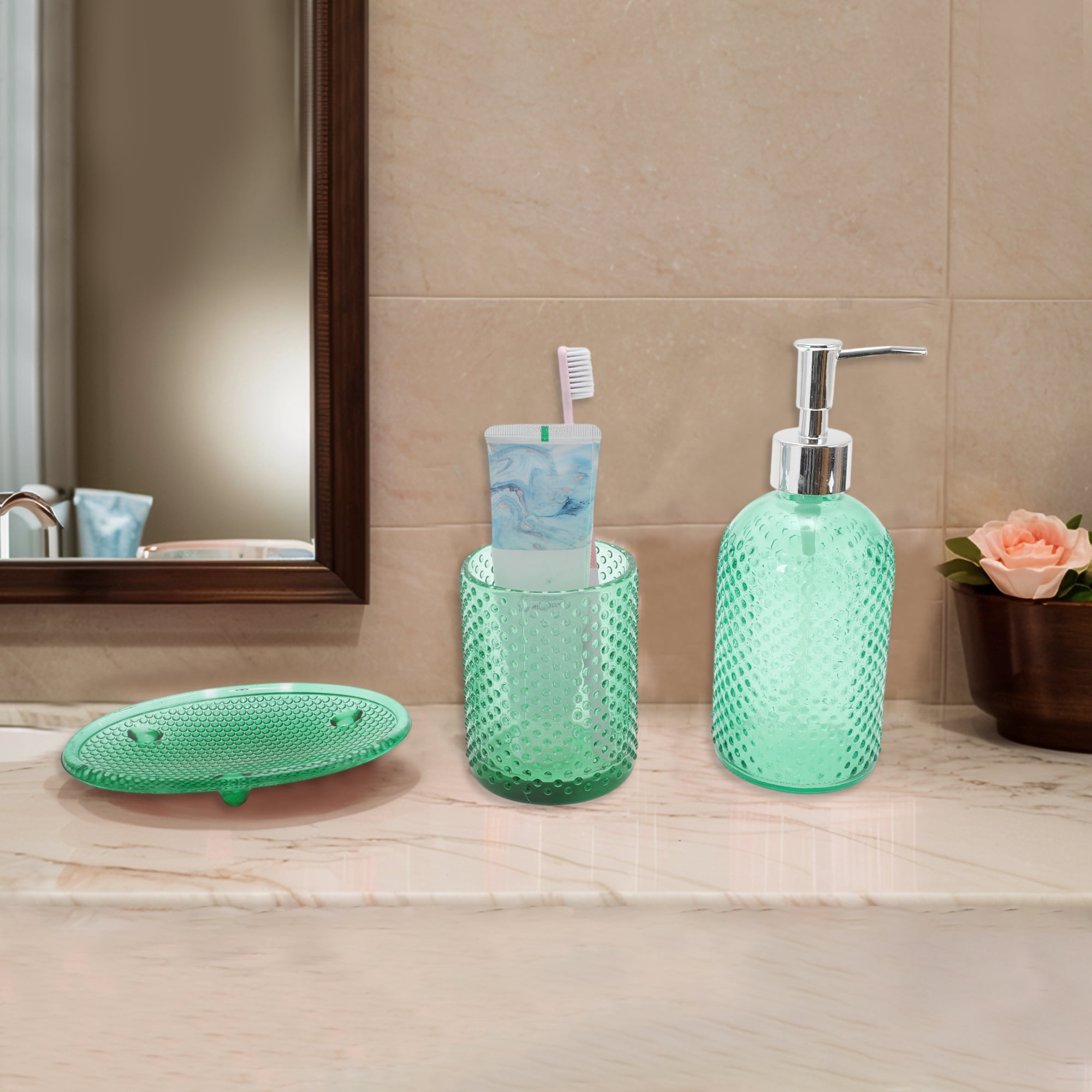 Unique Bargains Durable Dot Bathroom Accessories Kit 3Pcs Green