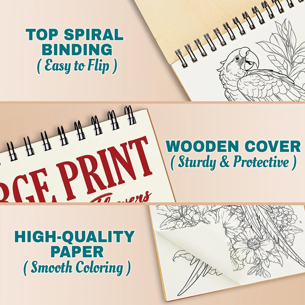 Netecom Large Print Macaw and Flowers Coloring Book Spiral Bound for Adults, A5 Wooden Cover, 30 Exquisite Parrot and Floral Coloring Pages for Stress Relief and Relaxation