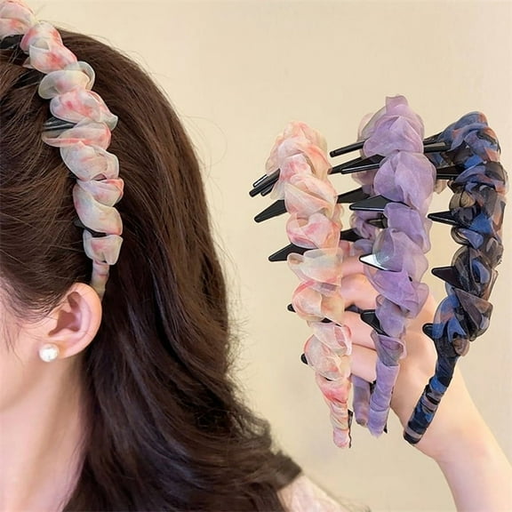 Colorful gradient super fairy pleated mesh wave headband for women in summer with teeth and anti slip high head headband