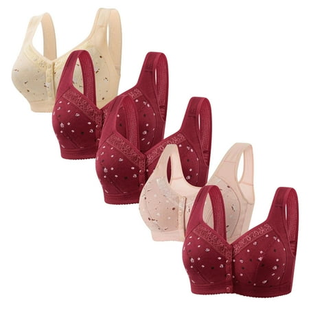 WIZUTIZ Bras for Women Front Closure Bralettes for Women 5-Pack Supportive Bralettes Wireless Lift Lightly Lined Full Coverage Bralettes Solid Embroidered Underwear for Older Women Gym XL Beige
