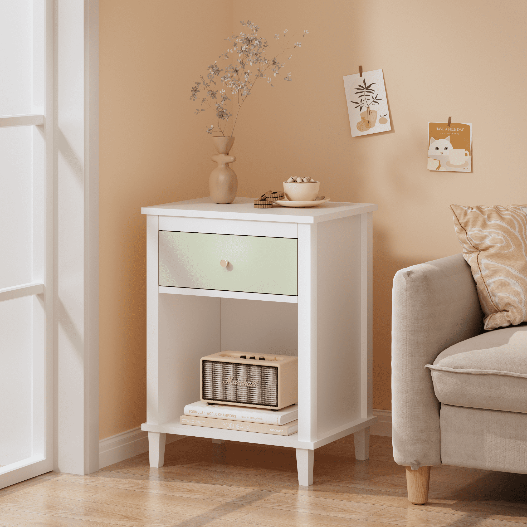 26.77"H Wooden Nightstand with One Drawer One Shelf for Kids, Adults, Sage+Golden handle