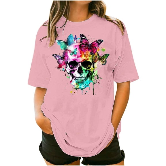 Staron Plus Size Women's Casual Floral Print Short Sleeve Round Neck Loose T-Shirt Top, Pink 5XL