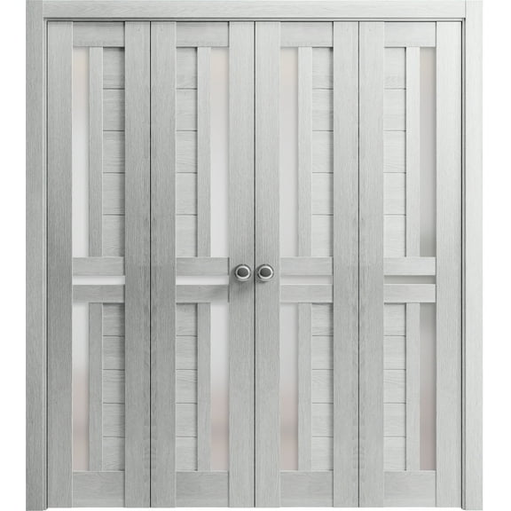 Sliding Closet Double Bi-fold Doors | Veregio 7288 Light Grey Oak with Frosted Glass | Sturdy Tracks Moldings Trims Hardware Set | Wood Solid Bedroom Wardrobe Doors