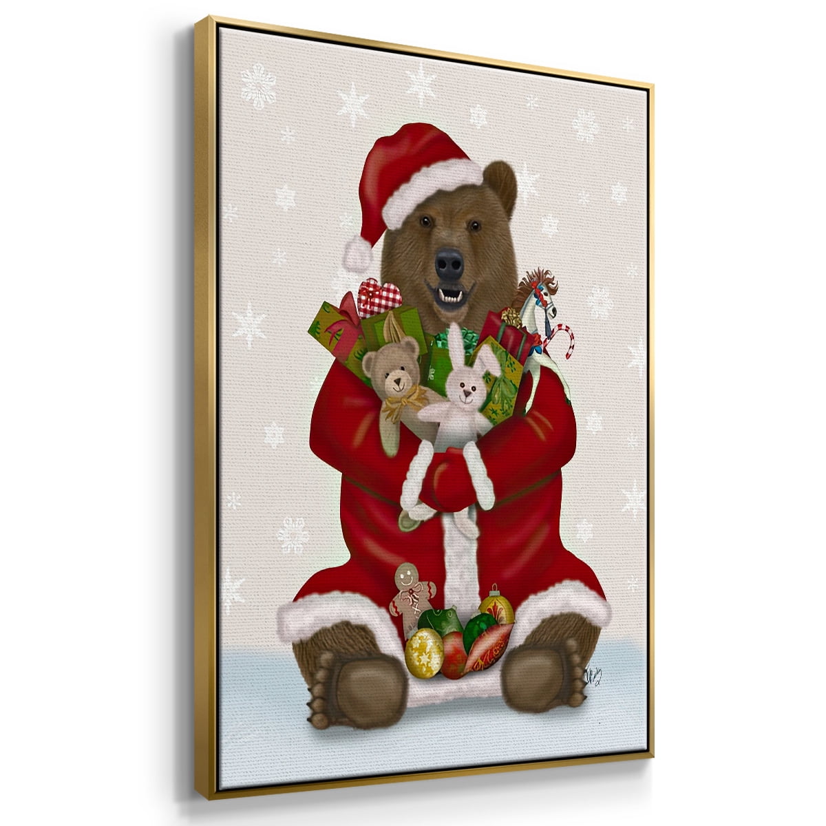 Christmas Christmas Present Bear Hug - Framed Gallery Wrapped Holiday Canvas - 25 x 37 - Gold Frame