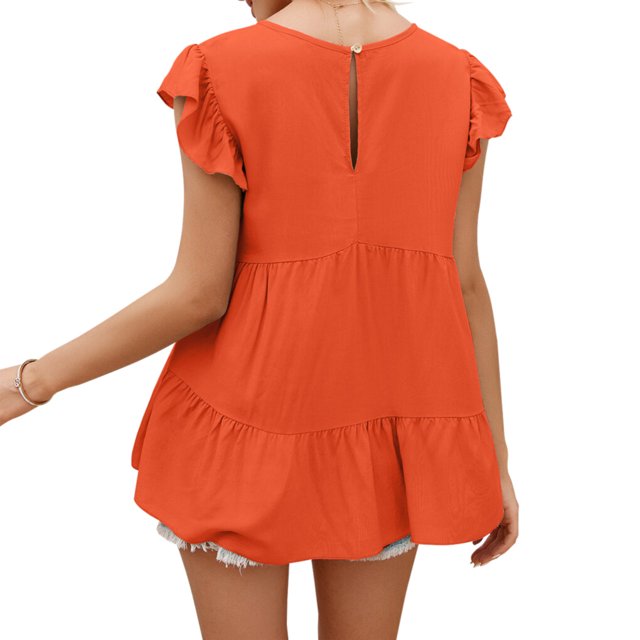 QualitChoice Hauts à Manches Courtes en Dentelle Été Col Rond T-shirt Décontracté Orange S