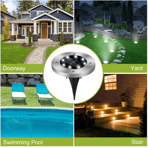 4 Pack Outdoor Solar In‑Ground Pathway Lights, IP65 ABS & Stainless Steel Ground Lamp with Light Sensor, Ground Stakes for Lawn, Sidewalk and Yard Decoration