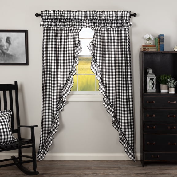 VHC Brands Annie Buffalo Check Cotton Farmhouse Curtains Rod Pocket Drawstring Ties Ruffling Prairie Panel Pair, Black Country
