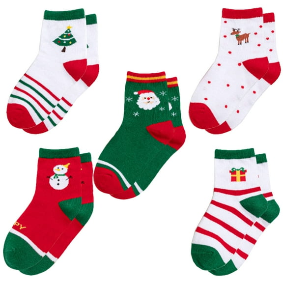 WASHWEPE 5 Pairs Assorted Color -Calf Length Combed Cotton Socks for Girls Christmas