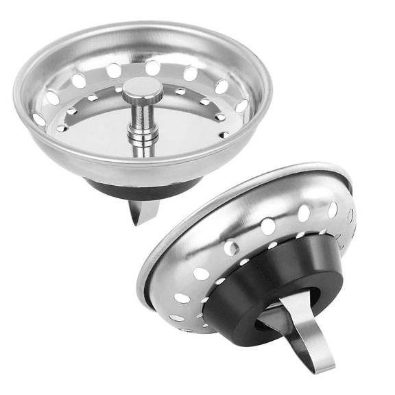 2 Pack - Kitchen Sink Strainer and Stopper Combo Basket Replacement for Standard 3-1/4 inch Drain, Stainless Steel Basket with Plastic Knob, Rubber Stopper Bottom