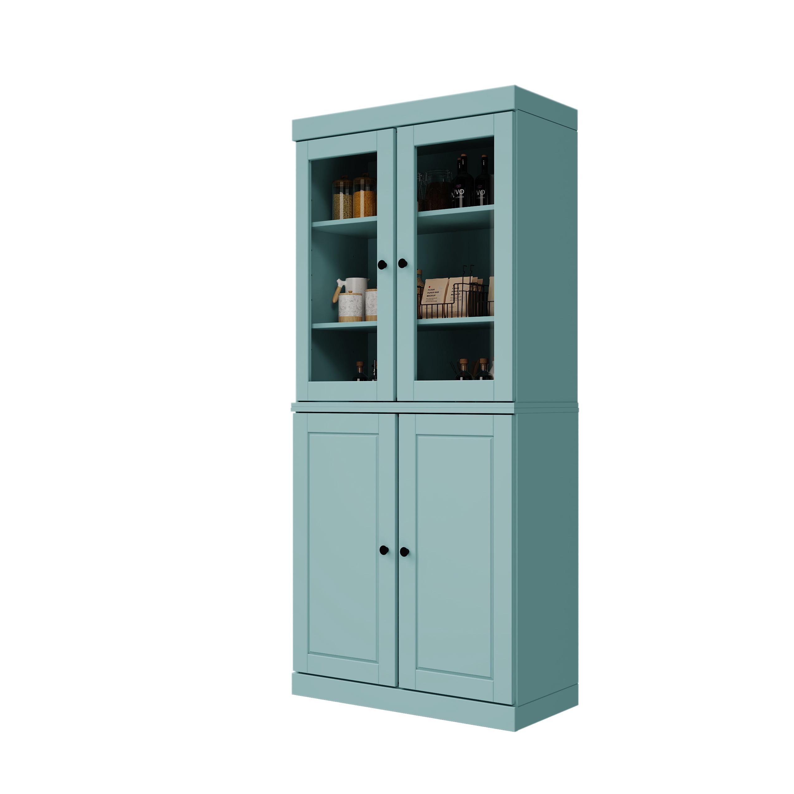 Palace Imports 100% Solid Wood Kitchen Pantry Storage Cabinet with Glass & Raised Panel Doors and Adjustable Shelves, 4-Door, Aqua Blue