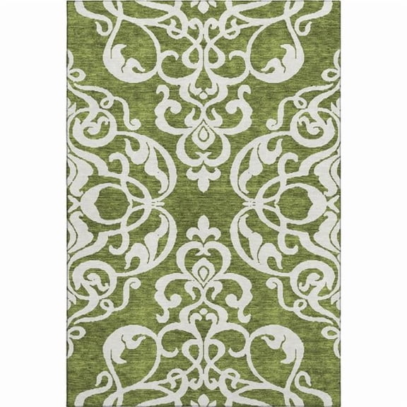 HomeRoots 676925 9 x 12 ft. Green & Ivory Damask Washable Machine Made Rectangle Area Rug with UV Protection