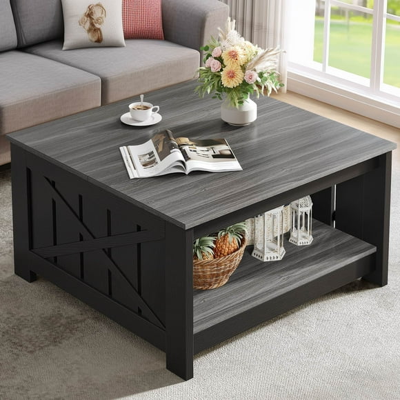 Square Coffee Table with Storage, Wood Farmhouse Coffee Table with Barn Door for Living Room, Black