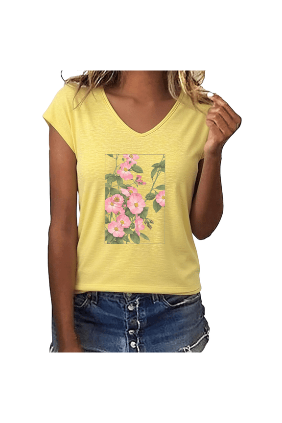 Women's Vintage Rectangle Framed Pink Wild Rose Vine Floral Graphic V-Neck Sleeveless T-Shirt Lightweight Soft Spring Summer Relaxed Fit Casual Daily Tank Top