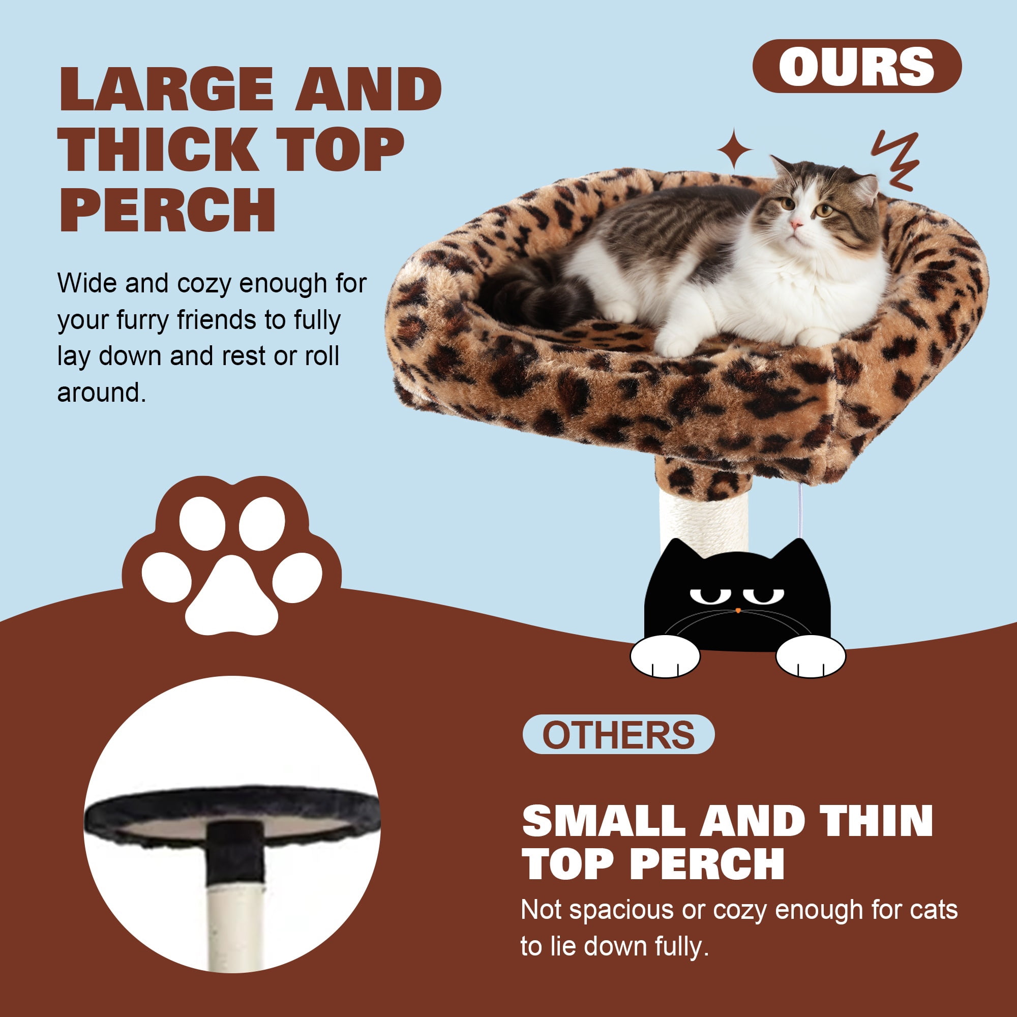 Amolife 73.6" Extra Large Corner Cat Tree, Fan-Shaped Tower with Scratching Posts & Condo House for Indoor Cats, Leopard Print