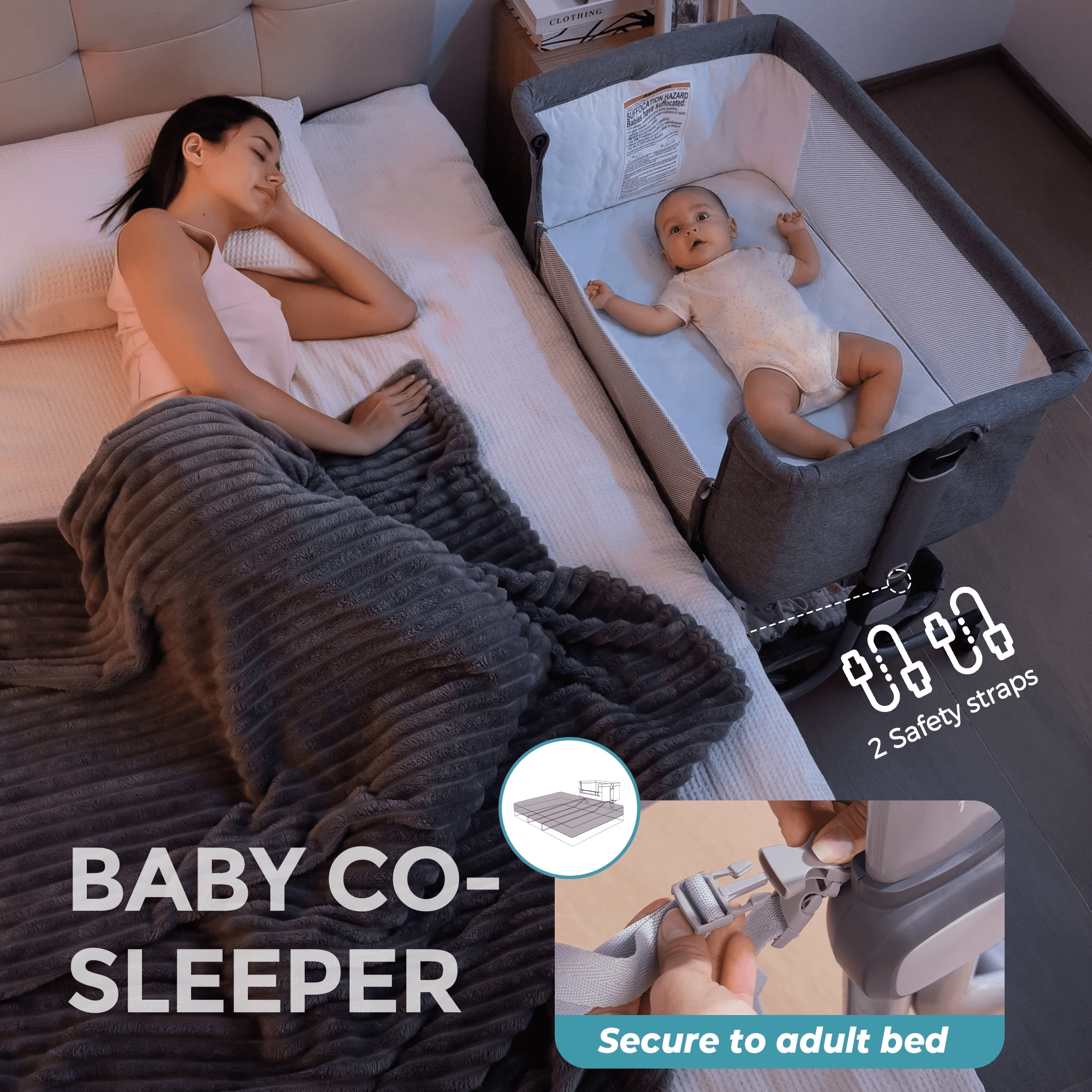 Minikid Portable Baby Bedside Sleeper Bassinet with Waterproof Mattress Pad for Infant Newborn up to 12 Month