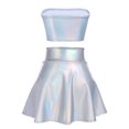 thumbnail image 3 of Women's 2Piece Metallic Outfit Shiny Off Shoulder Crop Top + Silver Mini Skirt Dress Alien Costume Rave Clubwear L Holographic Silver, 3 of 8