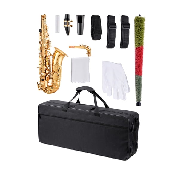 Brass Alto Saxophone Kit for Beginners, E Flat Sax with Case, Mouthpiece, Straps, 23 Keys, Gold Finish, Student Instrument