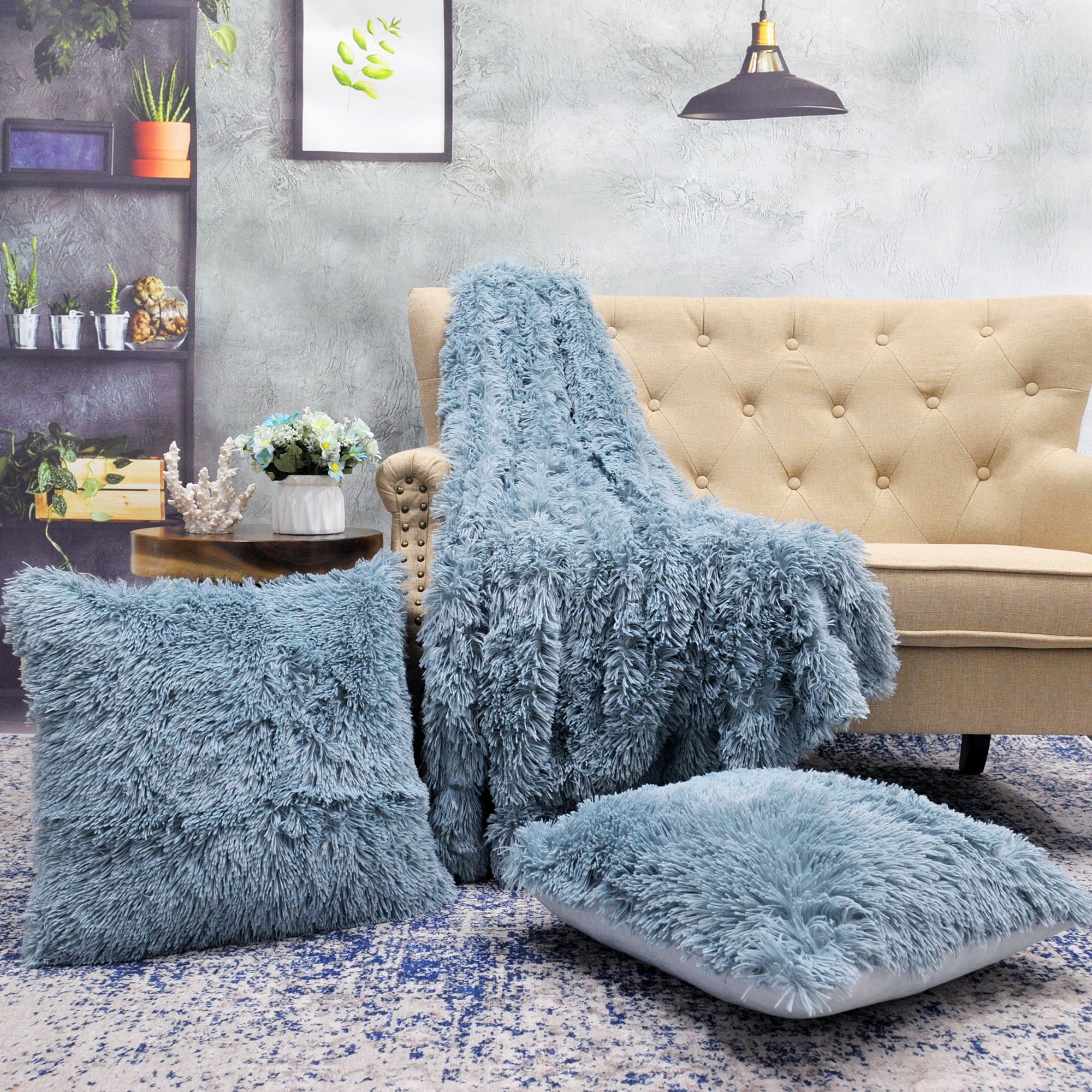 Home Soft Things Shaggy Throw & Pillow Cover 3 Piece Combo - Silver Blue - 50" x 60"/20" x 20"