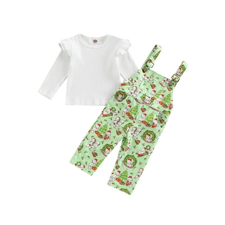 

xingqing 1-6years Christmas Toddler Baby Girl Pants Outfit Santa Print Long Sleeve Ribbed Knit Tops Suspender Overalls Pants Green 4-5 Years