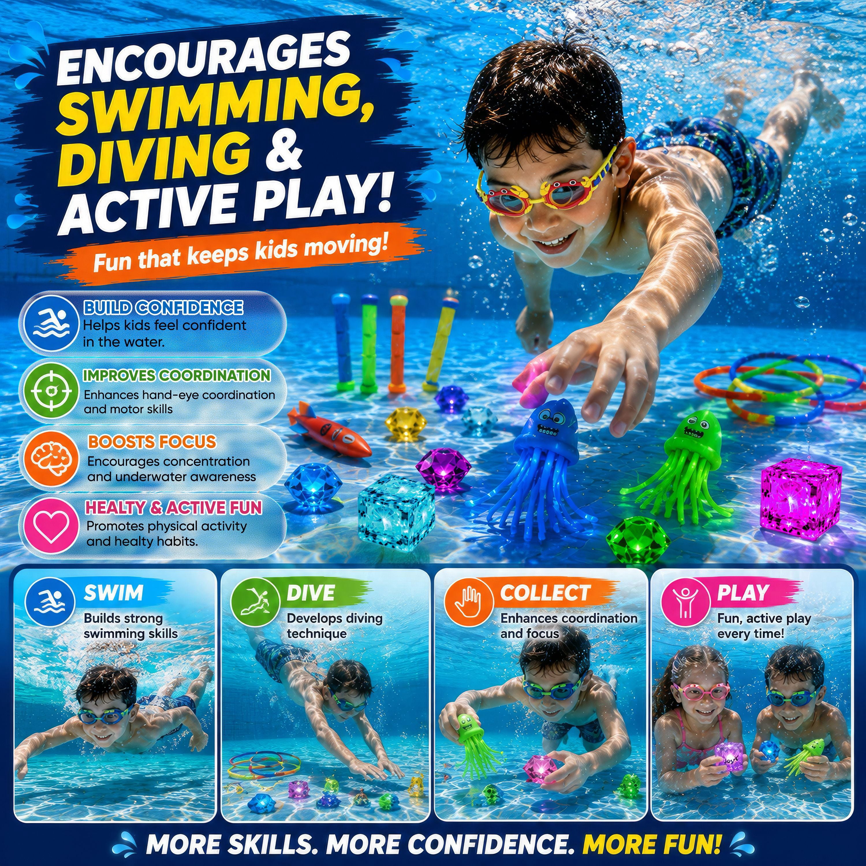 35 Pcs Glow Pool Diving Toys w/ LED Cubes & Goggles – Fun Summer Swim Learning for Kids