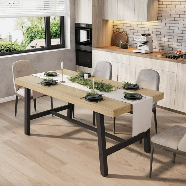 Industrial Dining Table for 4-6 People, 63" Long Wooden Kitchen Table with Sturdy Metal Frame & Natural Wood Finish - Seats 4 Rectangular Counter for Dinner, Kitchen, Dining Room - Natural