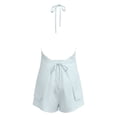 thumbnail image 5 of Summer Shorts Set for Women Linen Halter Neck Sleeveless Fitted Crop Top and High Waist Ties Shorts Outfit Light Blue XL, 5 of 6